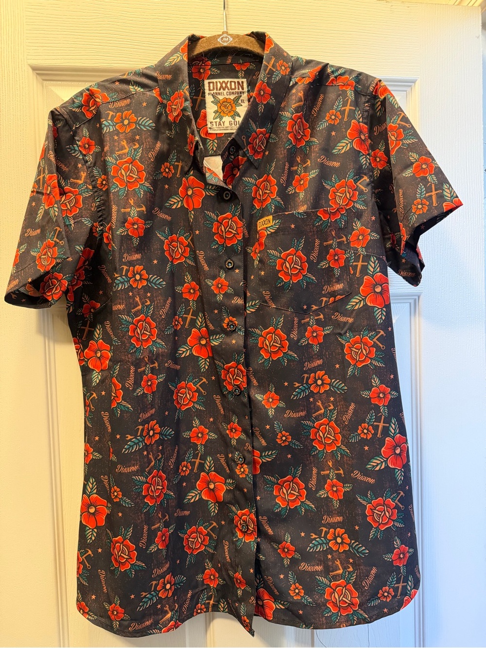 DIXXON Stay Gold Black Button-Down Shirt with Red Floral Print